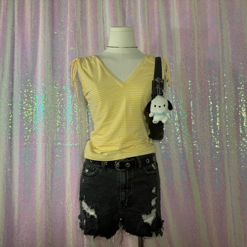 Patoge Yellow & White Striped Bow V-Neck Tank Top Blouse (L) ★